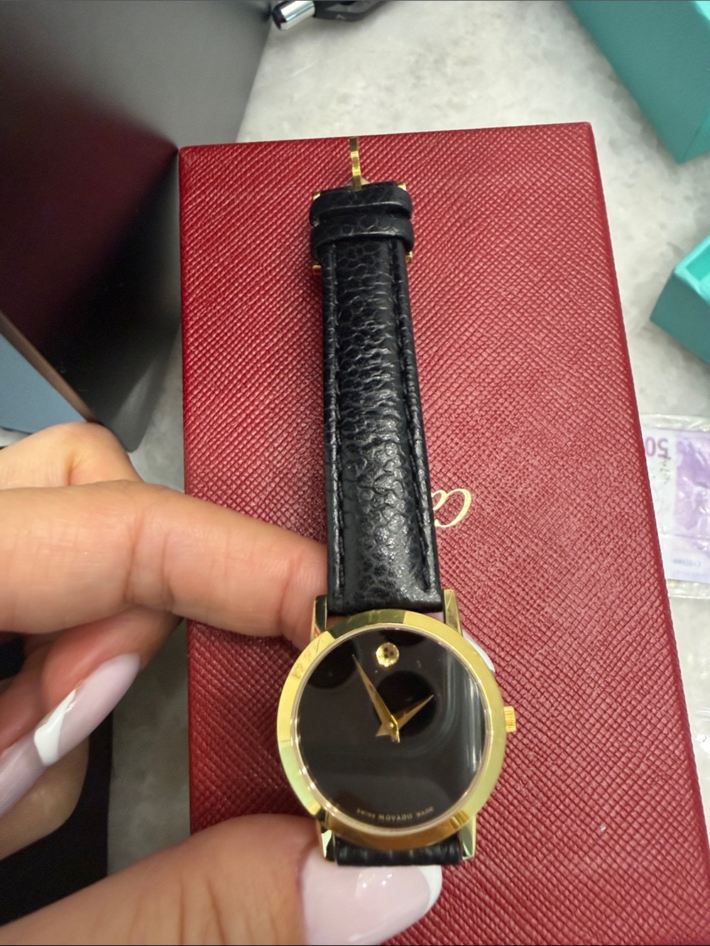 Movado Black Dial Black Leather Strap Gold-Tone Men's Watch